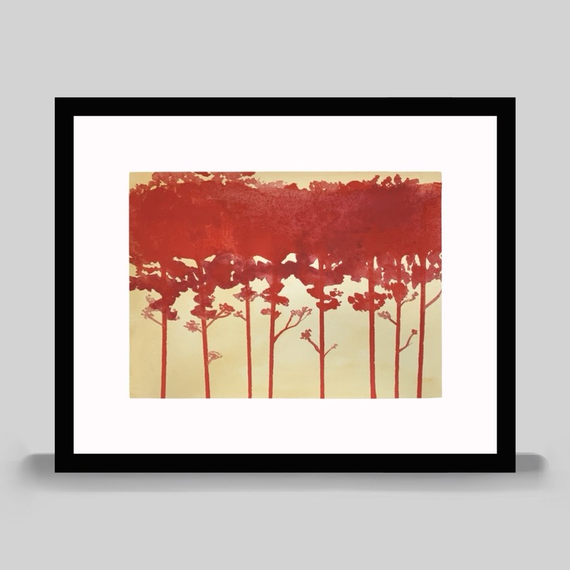 Original Watercolor Painting Red Drip Trees Abstract Minimalist Art Unframed 5x7