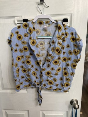 No Boundaries Sunflower Tie Front Crop Top Blue Floral Cottagecore XXL Jrs 19