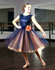 Adult Child Dance Costume - Performance Contemporary Jazz -Navy Glitz w/skirt