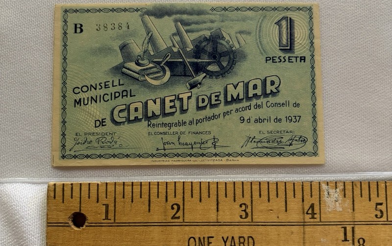 SPAIN CIVIL WAR 1937 • CANET MAR 1 Pesseta.  Consell Municipal