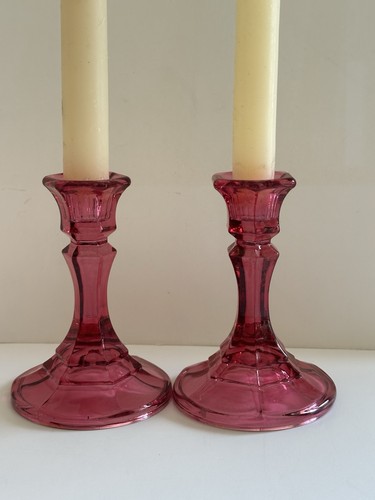 Cranberry Indiana Glass Co Pair Candlestick Holders 4.5” Hexagon - Picture 3 of 24