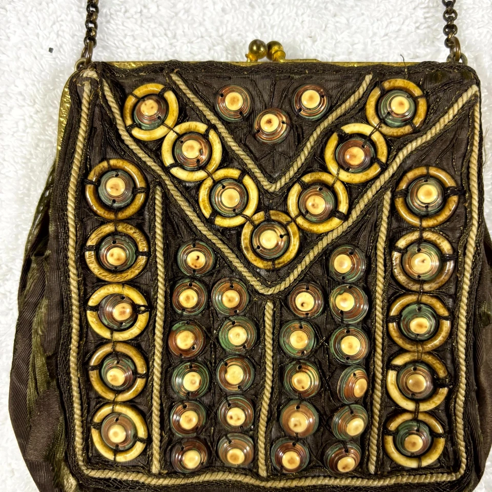 Vintage 1900s Antique Beaded Evening Bag Art Deco Silk Handbag w/ Mirror - Image 3 of 4