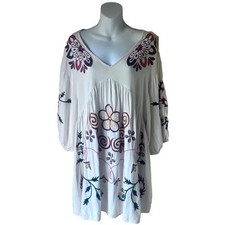 V BY VERY White Embroidered Smock Mini Dress Boho Floral Summer Festival 14
