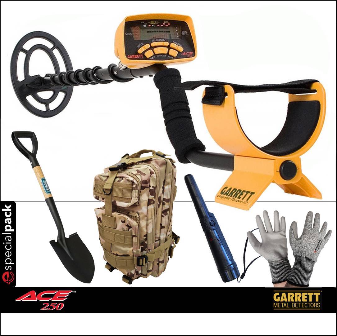 GARRETT METAL DETECTOR ACE 250 PINPOINTER EMPOTEC PALA DRAPER ZAINO 30 LT GUANTI