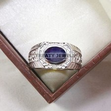 Blue Sapphire Oval Cut Gemstone With 14K Solid White Gold Ring For Men's B615