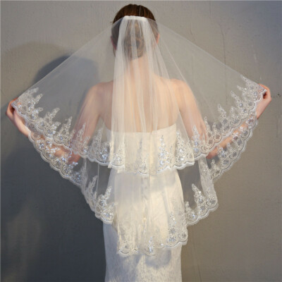 2 Tier Sequins Flower Edge 90cm length Short Bridal Wedding Veil