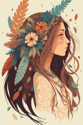 Wandbild: Boho Tribal Indian Girl Porträt mit Federn im Haar und [...]