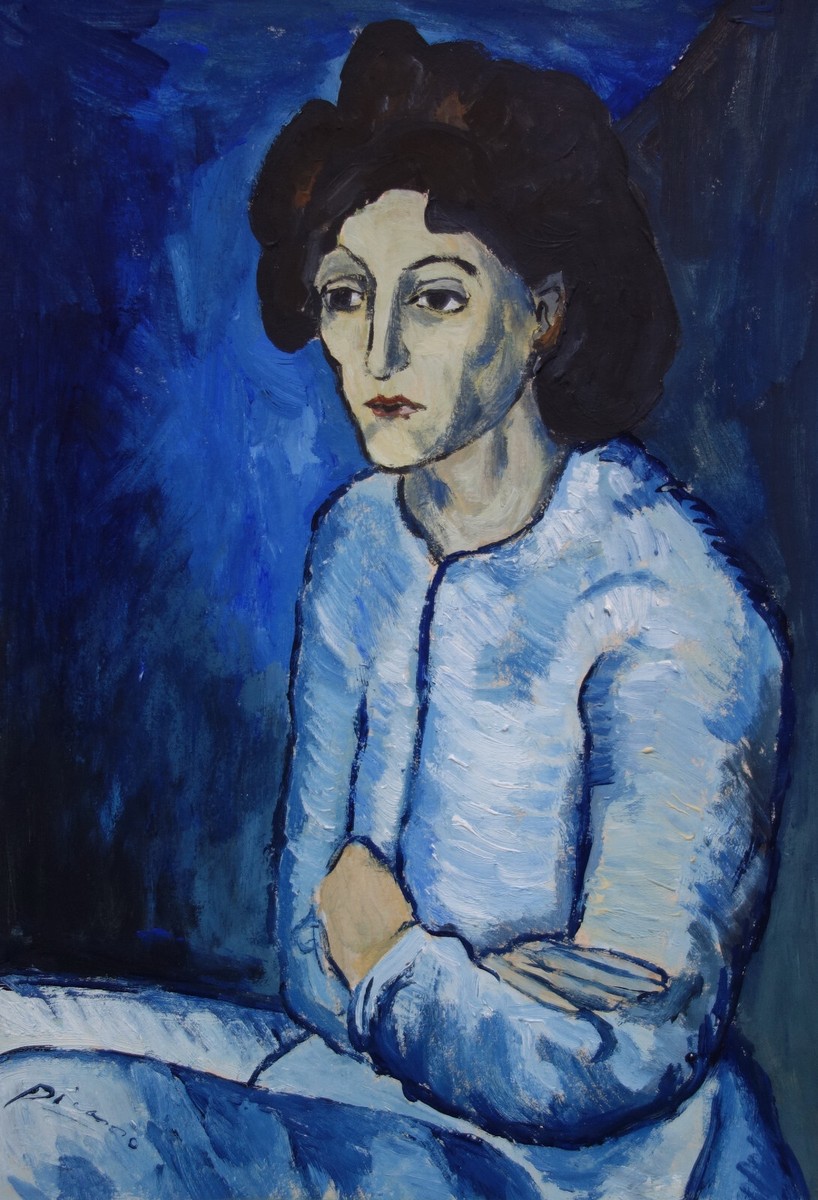 Fine unique Blue period painting – Portrait of woman, signed Pablo