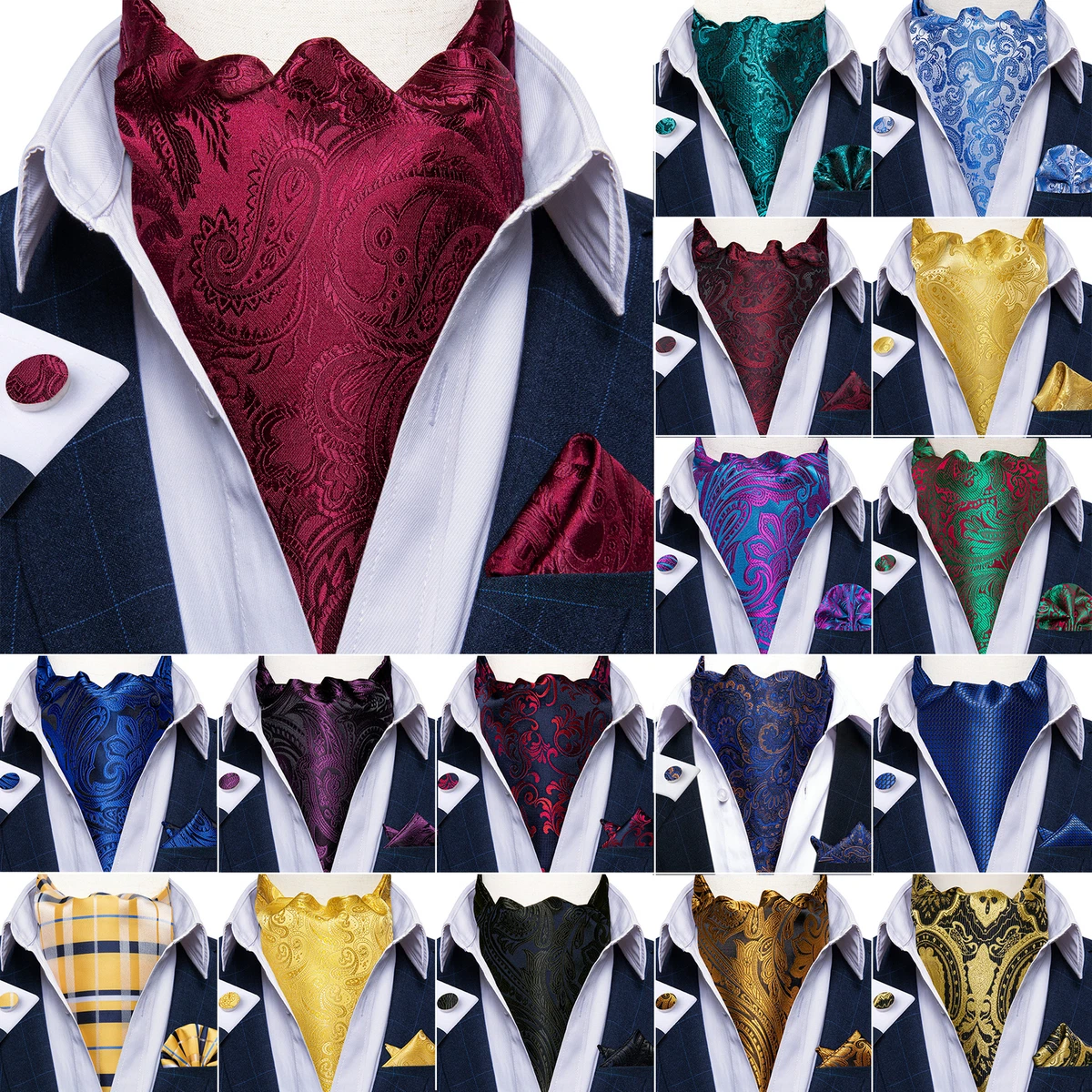 HISDERN Ascot Ties for Men Paisley Floral Ascot and Pocket Square Set  Classic Self Tie Mens Cravat Handkerchief for Wedding