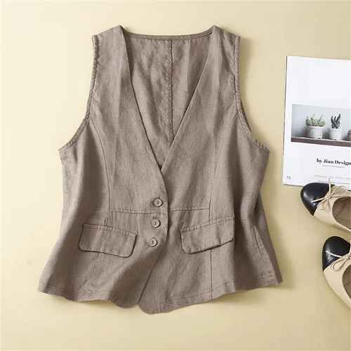 Womens Linen Blend Sleeveless Button Down Top V Neck Waistcoat Vest - Picture 1 of 24