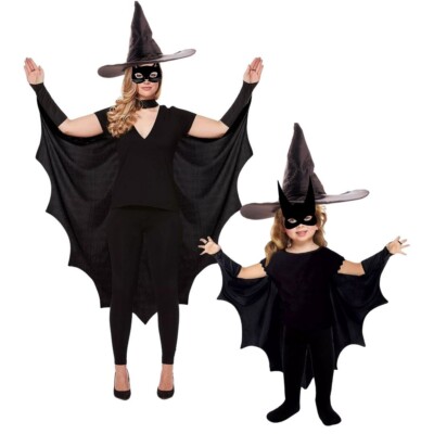 Gothic Vampir Fledermaus Flügel Cape Erwachsene Kinder Halloween Kostüm Outfit UK