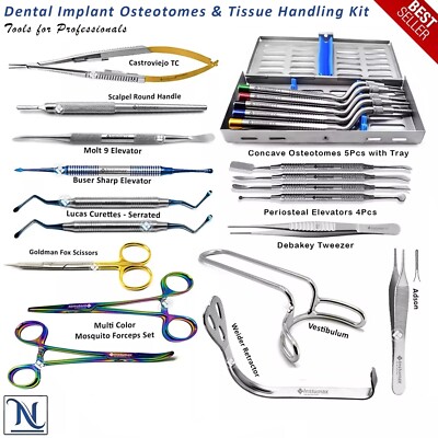 Dental Implant Osteotomes Kit for Debriding, Bone Shaping & Soft Tissue Handling