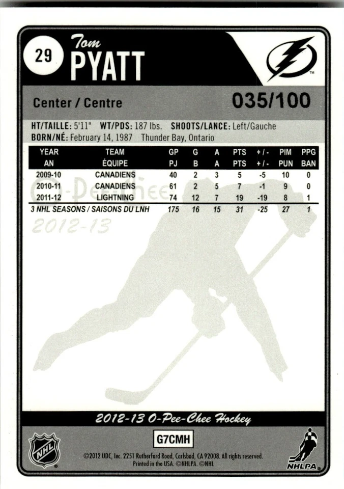 2012-13 O-Pee-Chee Black Rainbow Tom Pyatt /100 Tampa Bay Lightning #29 - Image 2 of 2