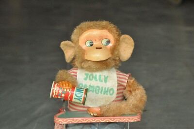 Vintage Boxed ALPS Mark Jolly Bambino Eating Monkey Litho Tin Toy