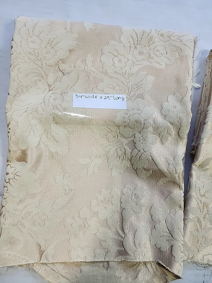 Vtg 2pc Lot Ivory Damask Sewing Upholstery Craft Fabric 27x34 & 25x33 Drapery  - Image 3 of 4