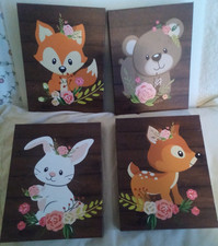 Nursery Room Cartoon Woodland Baby Animal Wall Art - Set of 4 - Deer, Fox, Bear,