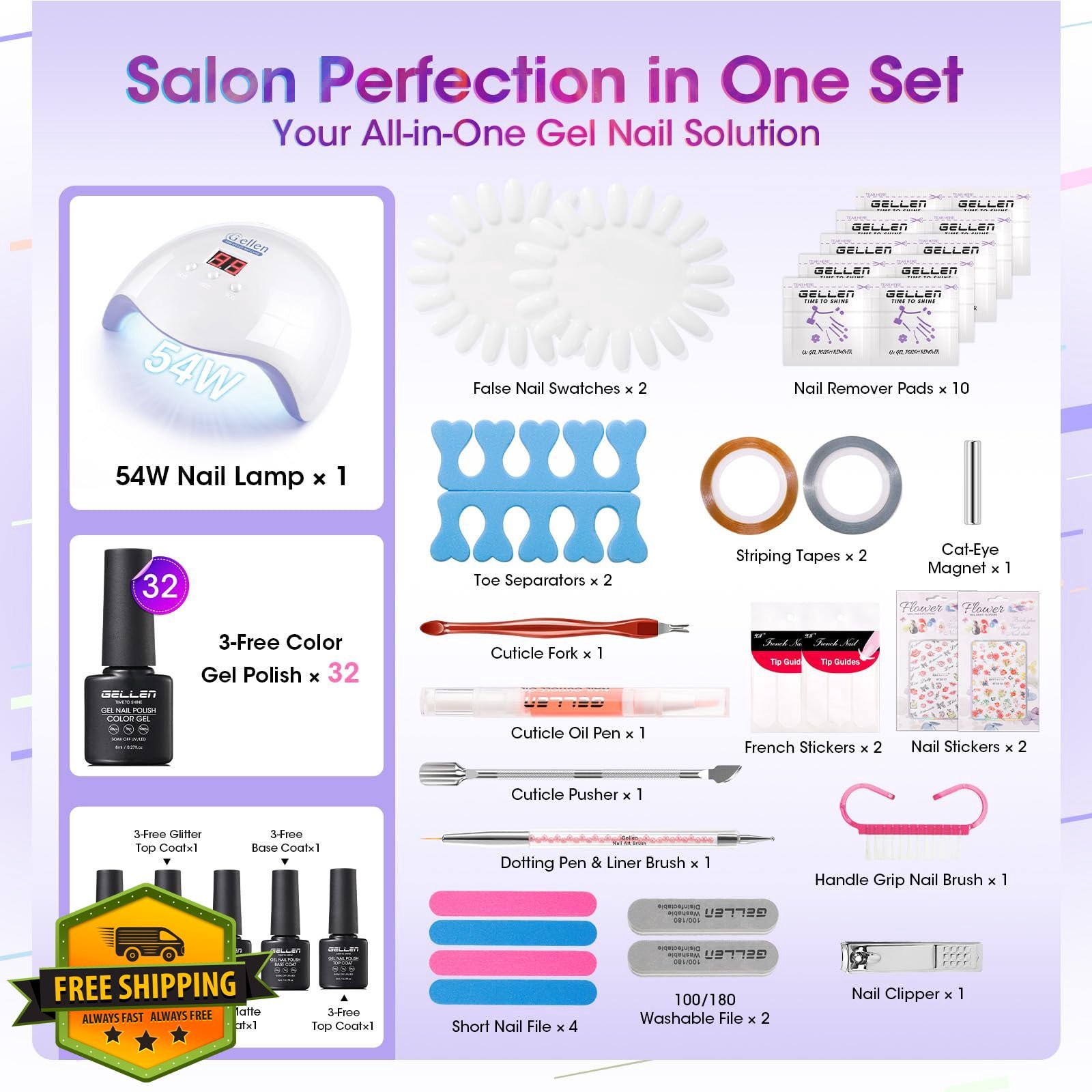 GELLEN 71pc Gel Nail Polish Kit UV Light 32 Colors