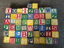 Vtg Wooden Letter ABC Blocks Mixed Lot of 56 numbers pictures Wood Crafts play