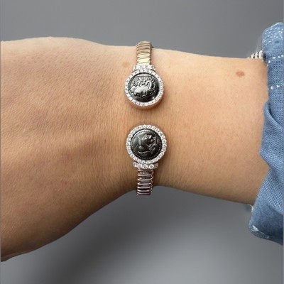 Italian 14k Rose Gold Coin Stretch Bangle With Natural Diamonds And Black Stone