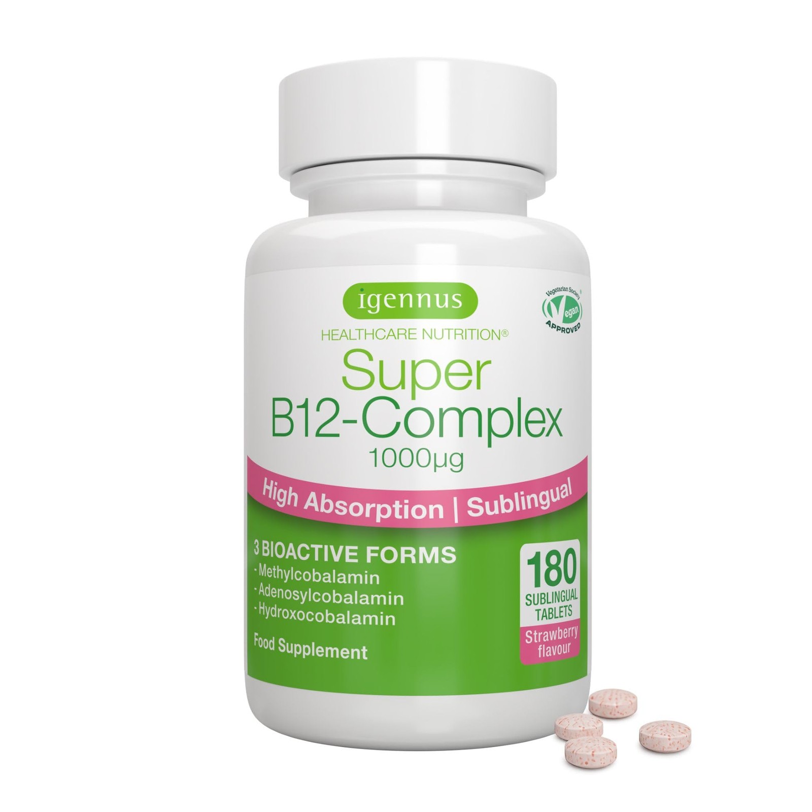 Igennus Healthcare Nutrition Super B12-Complex 1000Mcg, Sublingual, Clean Label & Vegan, Methylcobalamin Vitamin B12, 180 Servings, High Absorption Sugar-Free Melts, 1-A-Day, By - Image 2