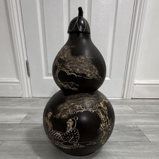 Black & Gold Ceramic Lidded Double Gourd Vase with Landscape Design