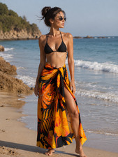 Black Hawaiian Sarong/Wrap with Tropical Print Hibiscus and Monstera 70" x 45"