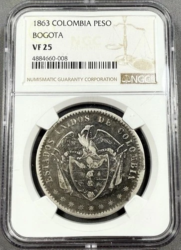 1863 Colombia 1 Peso Bogota - NGC VF25 - Original Rare Date