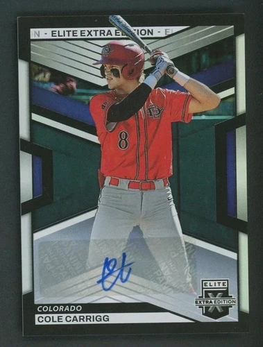 2023 Panini Elite Extra Edition #29 Cole Carrigg Colorado auto RC baseball card with player in red and gray uniform.