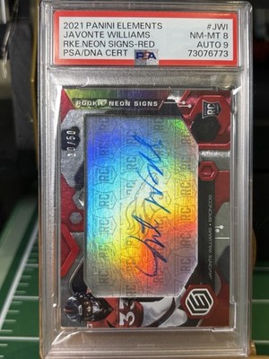 2021 Panini Elements Rookie On Card Auto Javonte Williams /50 AU, RC PSA Auto 9