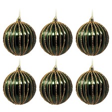 Deep Green & Glitter Gold Ribbed Christmas Bauble - Set of 6