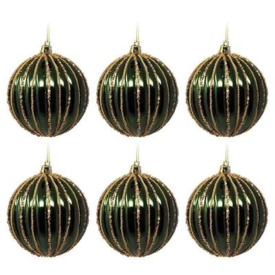 DAVIES PRODUCTS Deep Green & Glitter Gold Ribbed Christmas Bauble - Set of 6
