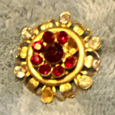 Gold Tone Round Brooch Pin Red & Clear Rhines...