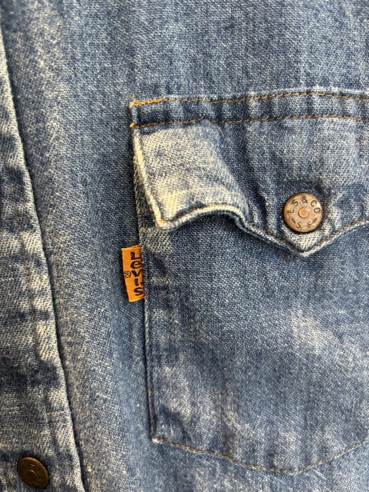 Camisa Vaquera LEVIS Vintage Años 70 Talla Mediana Usada Rara Naranja Pestaña Hecha en Lata Foto 3 de 4