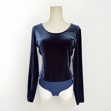 J. CREW Velvet Bodysuit M Navy Blue Long Sleeve Scoop Neck Stretch Minimalist