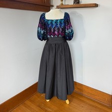 Vintage 1980s Sequin Chevron Puff Sleeve Evening Gown Black Tea Length Dress 10