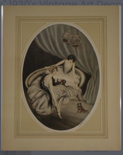 Vintage F.G. Henri Art Deco Etching - "Vanities" - Two Women & Puppies - 1930s 