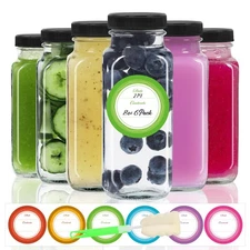 8 oz Glass Juice Bottles with Lids 6 Pack - Square Reusable Drinking Jars for...