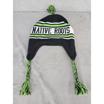 Native Roots Oak and Marble Peruvian Beanie Hat Black Neon Green Earflap Pom Pom