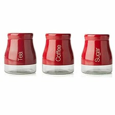 Tea Coffee Sugar Canisters Jar Set of 3 Sabichi Red Silver Cream Gift