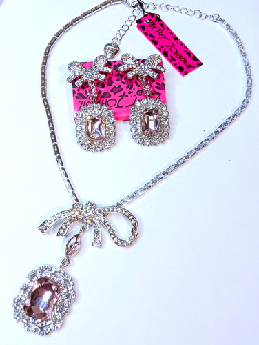 Conjunto de collar y pendientes gargantilla Betsey Johnson diamantes de imitación lazos rosas brillantes JOYA - Imagen 15 de 15