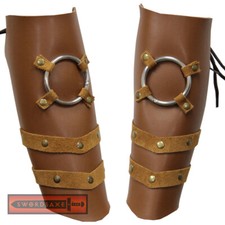 Steampunk Conan Barbarian Laced Leather Bracers Arm Guard Steel Ring Protector