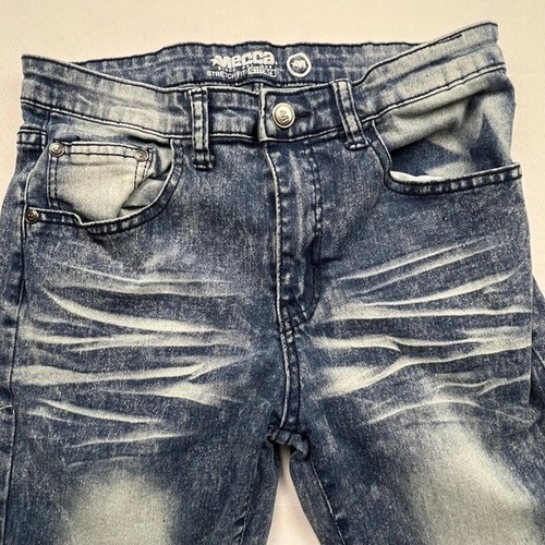 Mecca Stretch Fit Jeans Acid Crinkle Moto Lines Skinny Boys Size 14 Blue Denim - Picture 3 of 11