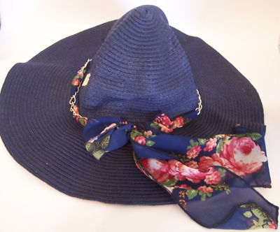 ELLEN TRACY BLUE HAT WIDE BRIM STRAW With GOLD CHAIN FLORAL  display picture 3