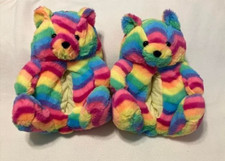 Striped Slippers Teddy Bear Fluffy Plush Shoes Women Fits Size 6-10 Rainbow