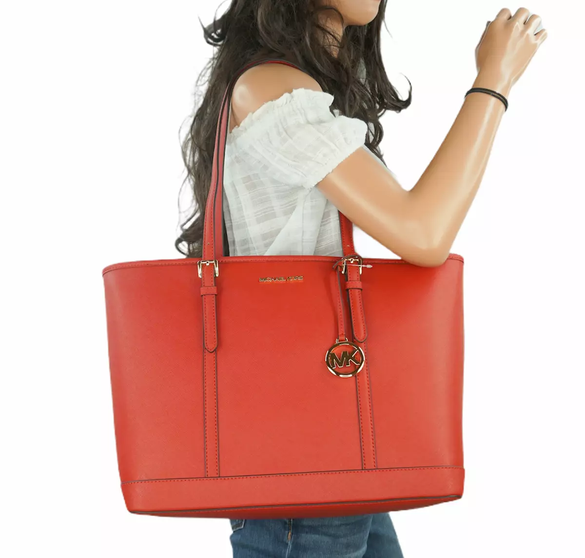 MICHAEL KORS JET SET TRAVEL LARGE TOP ZIP SHOULDER TOTE LEATHER BAG RED  FLAME 194900033685