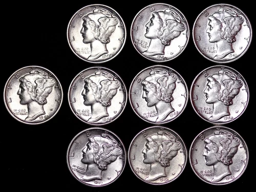 Lot of 50 Coins AU / UNC Mercury Silver Dimes Some D and S Mint FREE SHIPPING