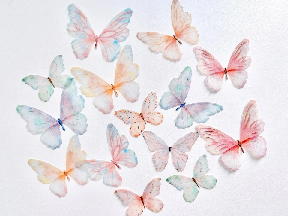 Mariposa oblea precortada comestible - Pastel arco iris acuarela oblea mariposa Foto 3 de 3