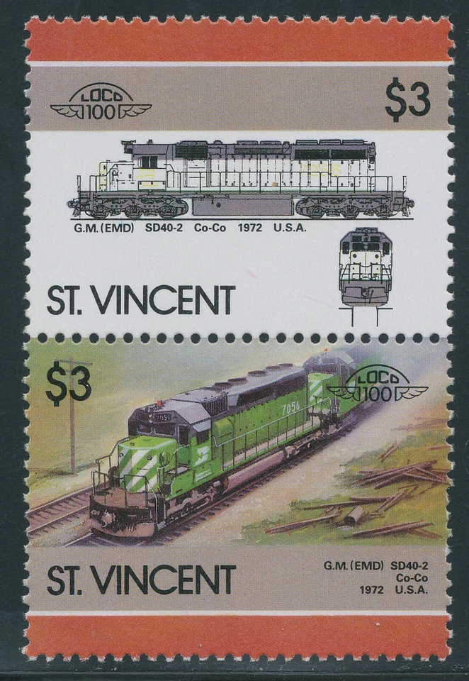 ST. VINCENT 1986 locomotives $ 3 superb U/M se-tenant pair VARIETY MISSING COLOR - Image 2 of 2