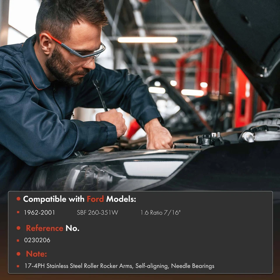 16Pcs 17-4PH Roller Rocker Arms for Ford SBF 260-351W 1962-2001 1.6 Ratio 7/16" - Image 2 of 4