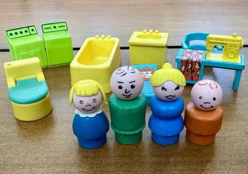 Vintage 1970s Little People Utility Set #725 Complete Wood Body People